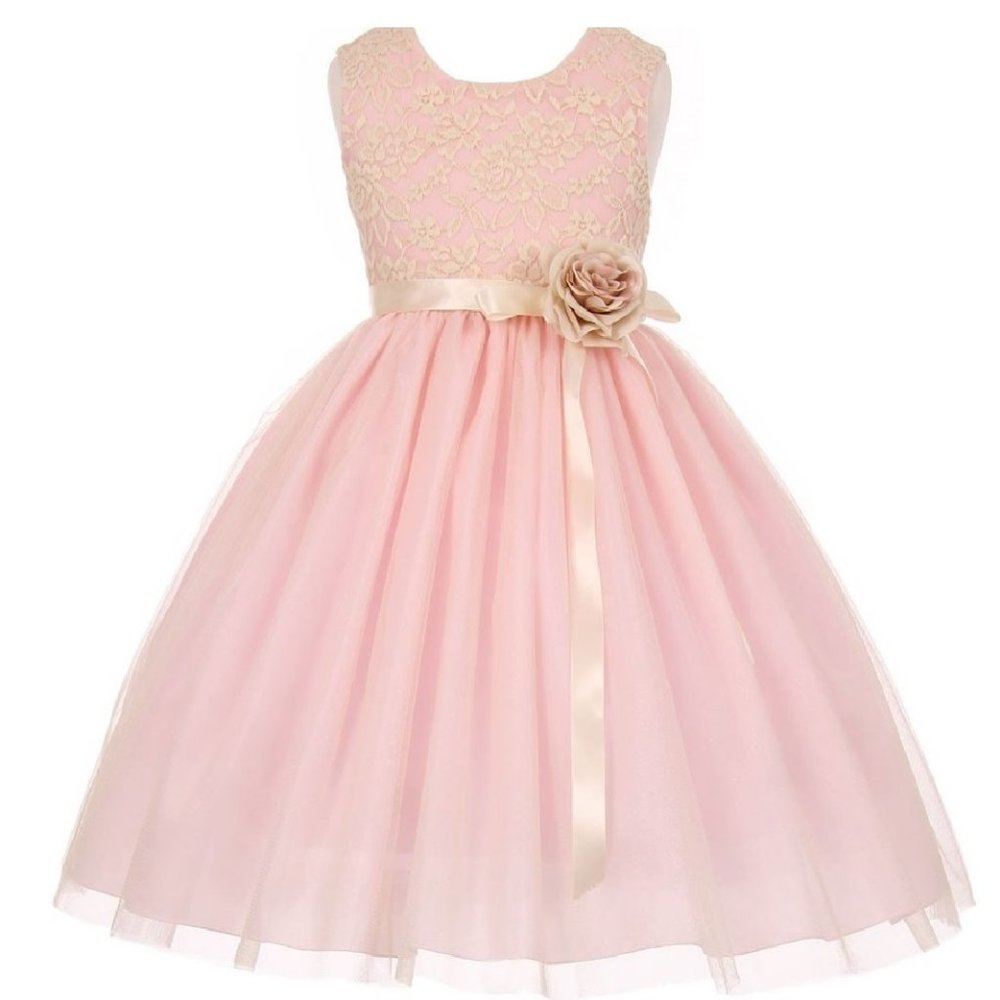 Little Girls Kids Sleeveless Two Tone Lace Ribbon Wedding Flower Girls Dress